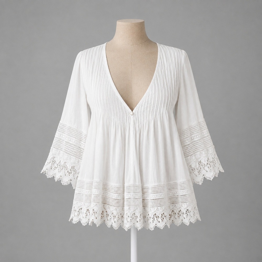 Vintage Y2K 100% Cotton Crochet Lace Peasant Top Size M White Boho Fairy Cottage